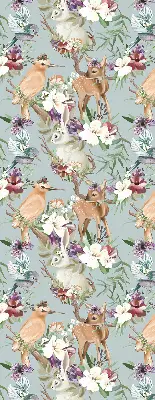 Modern roller blind with roe deer, birds, and rabbits print