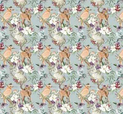 Modern roller blind with roe deer, birds, and rabbits print