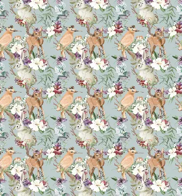 Modern roller blind with roe deer, birds, and rabbits print