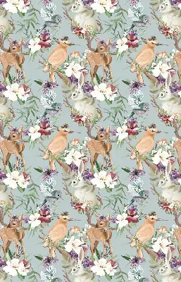 Modern roller blind with roe deer, birds, and rabbits print
