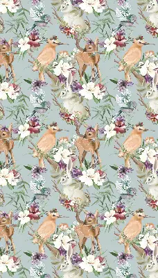Modern roller blind with roe deer, birds, and rabbits print