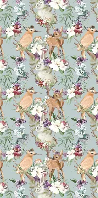 Modern roller blind with roe deer, birds, and rabbits print