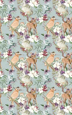Modern roller blind with roe deer, birds, and rabbits print