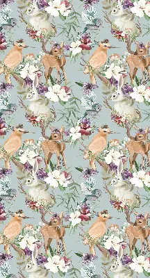 Modern roller blind with roe deer, birds, and rabbits print