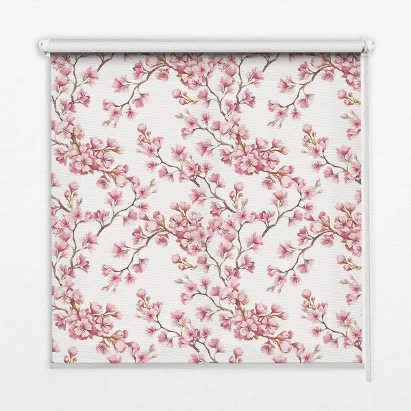 Fabric roller blind with pink tree bud petals