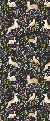 Roller blind for large window with roe deer birds and rabbits print