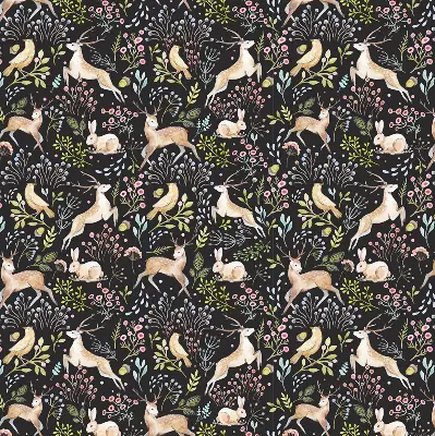 Roller blind for large window with roe deer birds and rabbits print
