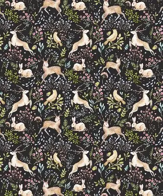 Roller blind for large window with roe deer birds and rabbits print