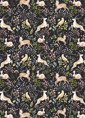 Roller blind for large window with roe deer birds and rabbits print