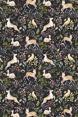 Roller blind for large window with roe deer birds and rabbits print