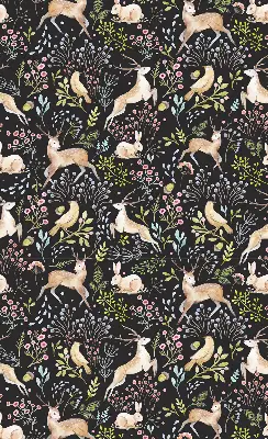Roller blind for large window with roe deer birds and rabbits print