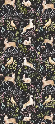 Roller blind for large window with roe deer birds and rabbits print