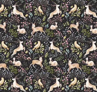 Roller blind for large window with roe deer birds and rabbits print