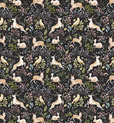 Roller blind for large window with roe deer birds and rabbits print