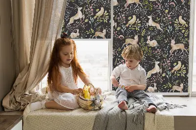 Roller blind for large window with roe deer birds and rabbits print