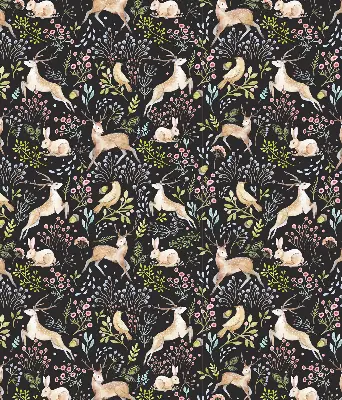 Roller blind for large window with roe deer birds and rabbits print
