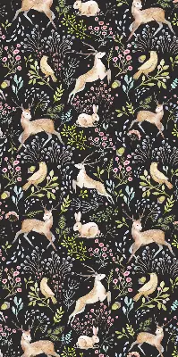 Roller blind for large window with roe deer birds and rabbits print