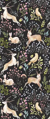 Roller blind for large window with roe deer birds and rabbits print