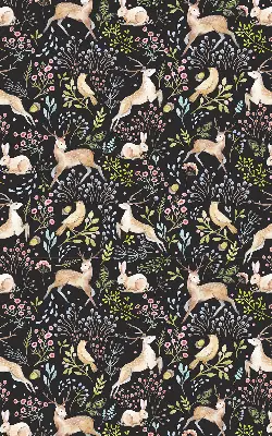 Roller blind for large window with roe deer birds and rabbits print