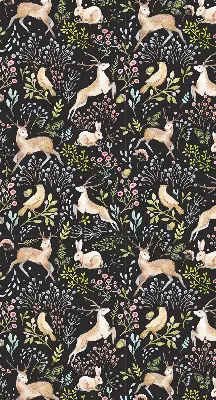 Roller blind for large window with roe deer birds and rabbits print