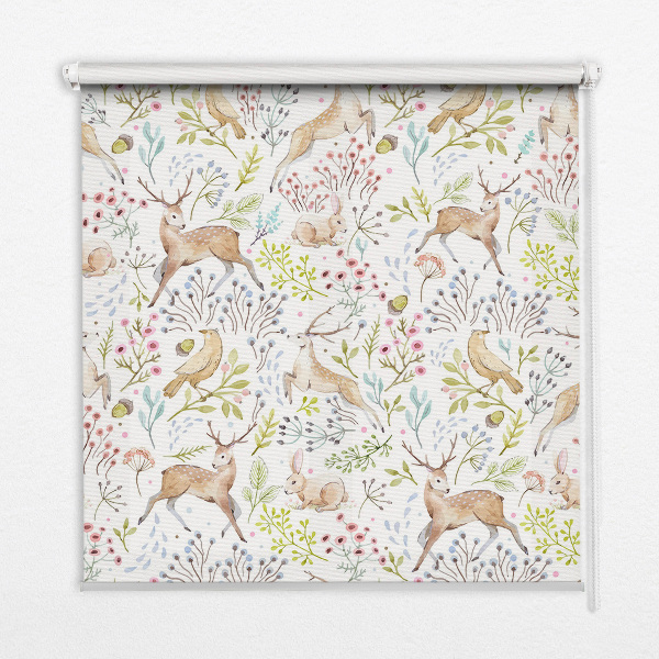 Fabric roller blind Roe deer birds and rabbits
