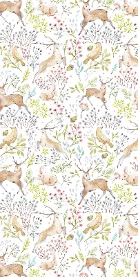 Fabric roller blind with roe deer, birds, and rabbits pattern