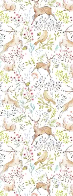 Fabric roller blind with roe deer, birds, and rabbits pattern