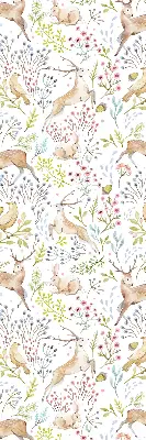 Fabric roller blind with roe deer, birds, and rabbits pattern