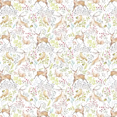 Fabric roller blind with roe deer, birds, and rabbits pattern