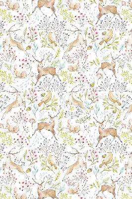 Fabric roller blind with roe deer, birds, and rabbits pattern