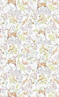 Fabric roller blind with roe deer, birds, and rabbits pattern