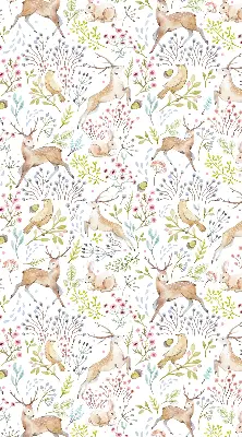 Fabric roller blind with roe deer, birds, and rabbits pattern