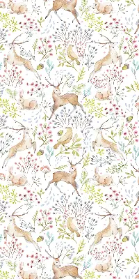 Fabric roller blind with roe deer, birds, and rabbits pattern