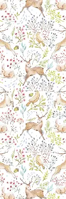 Fabric roller blind with roe deer, birds, and rabbits pattern