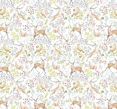 Fabric roller blind with roe deer, birds, and rabbits pattern