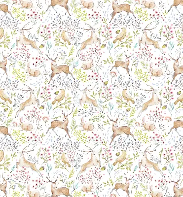 Fabric roller blind with roe deer, birds, and rabbits pattern