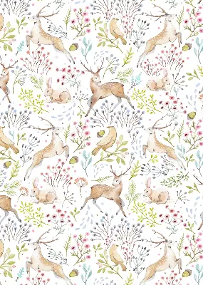 Fabric roller blind with roe deer, birds, and rabbits pattern