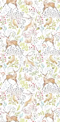 Fabric roller blind with roe deer, birds, and rabbits pattern