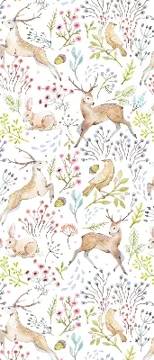 Fabric roller blind with roe deer, birds, and rabbits pattern