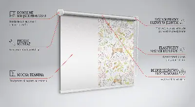 Fabric roller blind with roe deer, birds, and rabbits pattern
