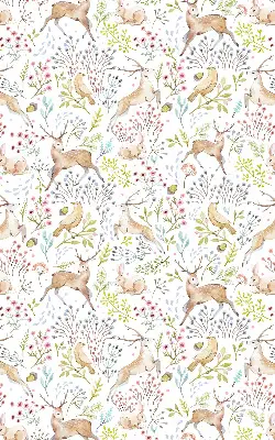 Fabric roller blind with roe deer, birds, and rabbits pattern