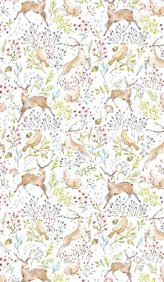 Fabric roller blind with roe deer, birds, and rabbits pattern