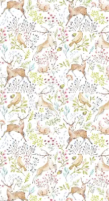 Fabric roller blind with roe deer, birds, and rabbits pattern