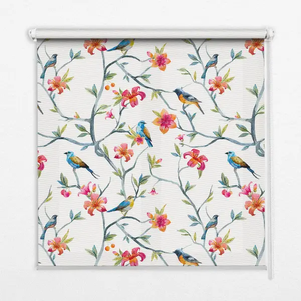 Fabric roller blind with birds on twigs pattern