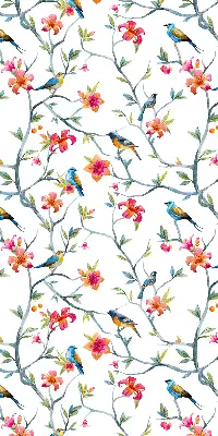 Fabric roller blind with birds on twigs pattern