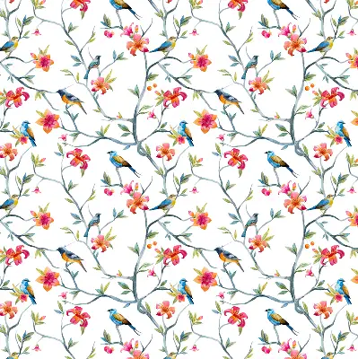 Fabric roller blind with birds on twigs pattern