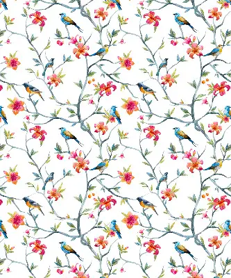 Fabric roller blind with birds on twigs pattern