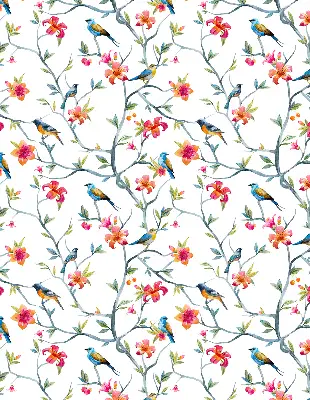 Fabric roller blind with birds on twigs pattern