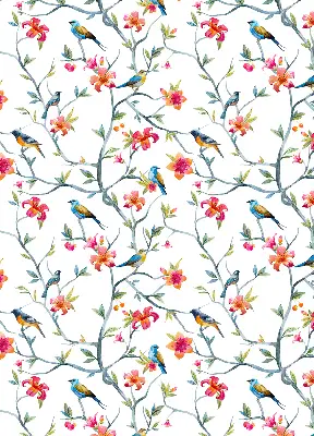 Fabric roller blind with birds on twigs pattern