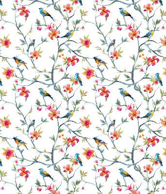 Fabric roller blind with birds on twigs pattern